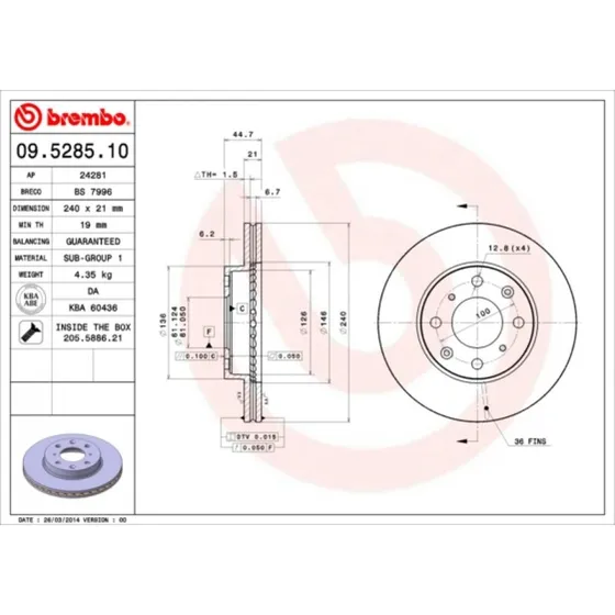 Brembo Bremseskive 09.5285.11 for Honda Civic V-VI