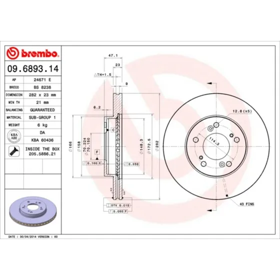 Brembo Bremseskive 09.6893.11, indvendigt ventileret, 23 mm tyk