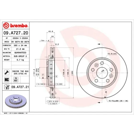 Brembo Bremseskive 09.A727.21, 280 mm, for Mercedes-Benz, Renault, Nissan