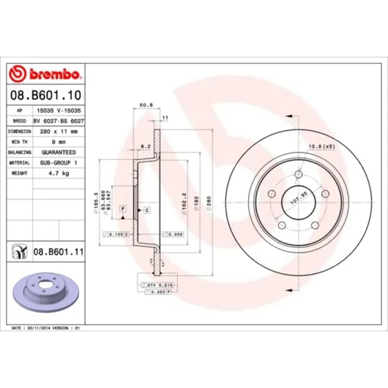 Brembo Bremseskive 08.B601.11, 11 mm tyk, til Ford C-MAX, Kuga, Transit