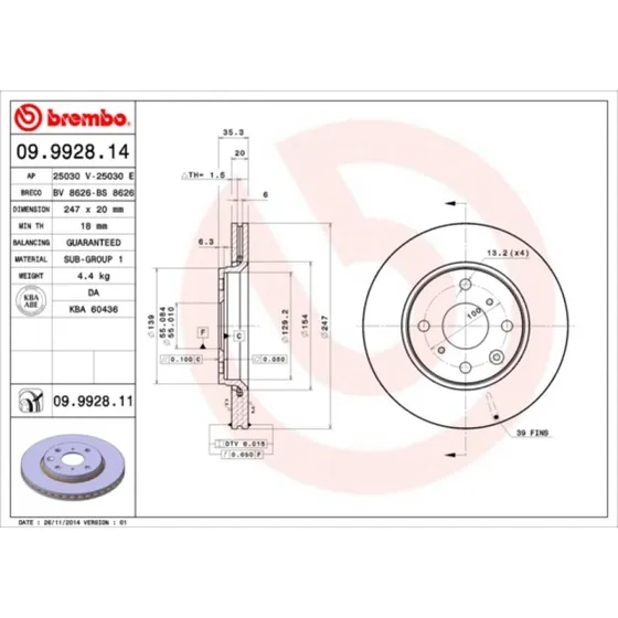 Brembo Bremseskive 09.9928.11 for Toyota, Peugeot, Citroën