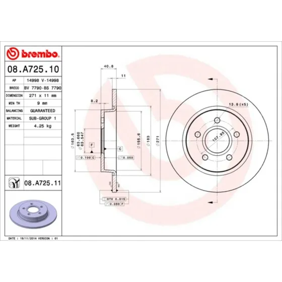 Brembo Bremseskive 08.A725.11 BV612A315CE, 11 mm, til Ford Focus III