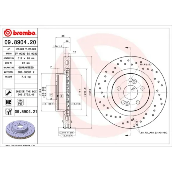 Brembo Bremseskive RENAULT 09.8904.21, perforeret, 28 mm tyk