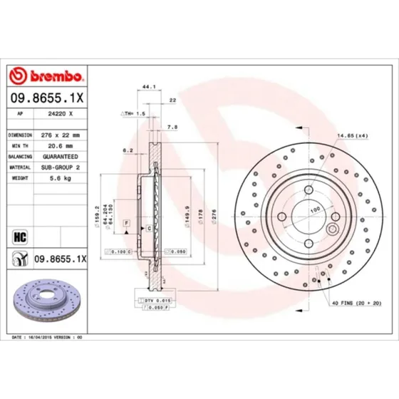 Brembo Bremseskive 09.8655.1X for MINI (Perforeret, 22 mm)