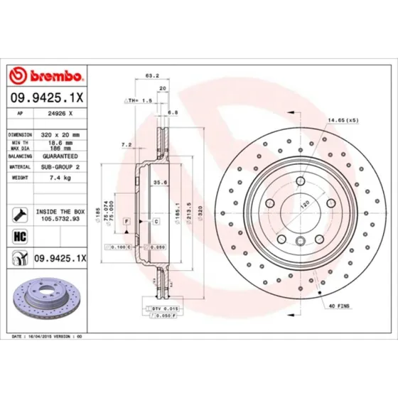 Brembo Bremseskive 09.9425.1X, 320 mm, bagaksel, perforeret