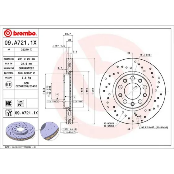 Brembo Bremseskive 09.A721.1X for Fiat 500X, Jeep Renegade, Alfa Romeo Giulietta