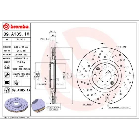 Brembo Bremseskive 09.A185.1X for Opel, Peugeot, Citroën