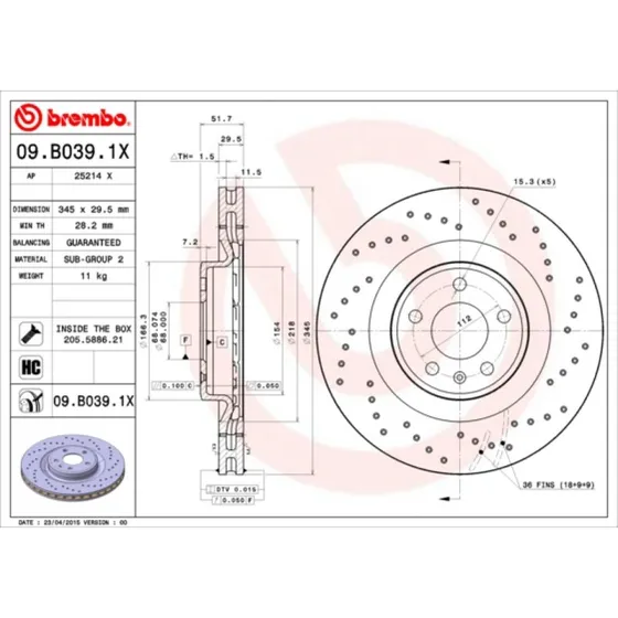 Brembo Bremseskive 09.B039.1X for Audi A4 B8, A5, Q5