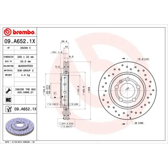 Brembo Bremseskive 09.A652.1X for VW/Audi/Skoda 17"