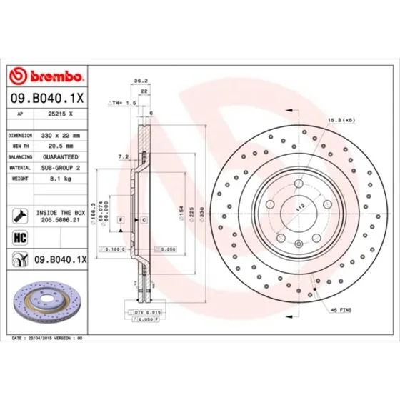 Brembo Bremseskive 09.B040.1X 8K0615601C for Audi A4 B8, A5, Q5