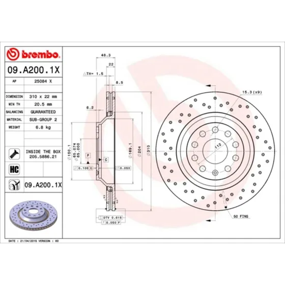 Brembo Bremseskive 09.A200.1X, 310 mm, perforeret, til VW, Audi, Mercedes-Benz