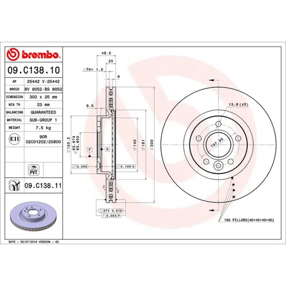 Brembo Bremseskive 09.C138.11 for Volvo C30, S40, V40