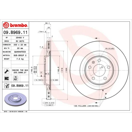Brembo Bremseskive 09.B969.11, 330 mm, indvendigt ventileret, til VW, Audi, Porsche