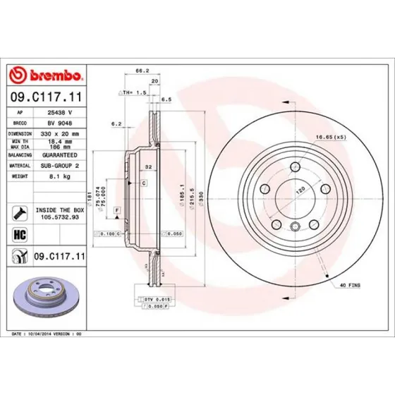Brembo Bremseskive 09.C117.11, 330 mm, bagaksel, Prime