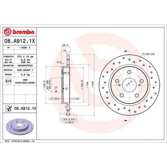 Brembo Bremseskive 08.A912.1X for Toyota Auris & Corolla