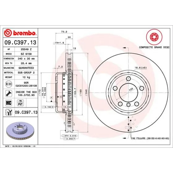 Brembo Bremseskive 09.C397.13 for BMW, 340 mm, indvendigt ventileret
