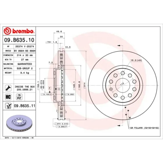 Brembo Bremseskive 09.B635.11 for VW, Skoda, Seat