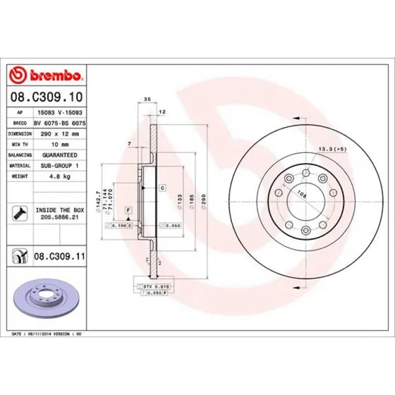 Brembo Bremseskive 08.C309.11, Prime, 290 mm, bagaksel