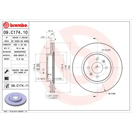 Brembo Bremseskive 09.C174.11 for Hyundai KIA, 22 mm, 15"