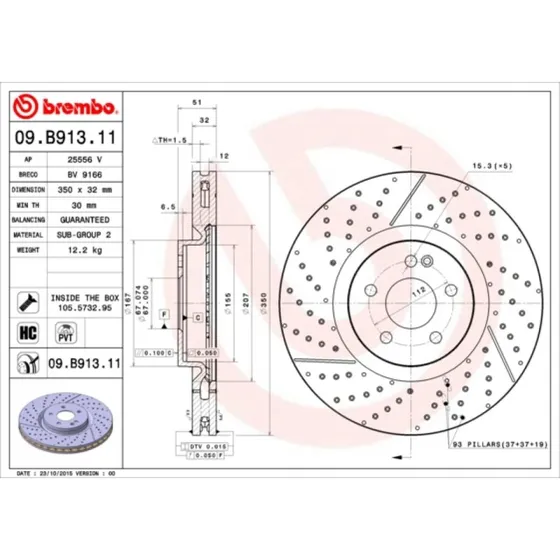 Brembo Bremseskive 09.B913.11 for Mercedes-Benz A-klasse, CLA, GLA