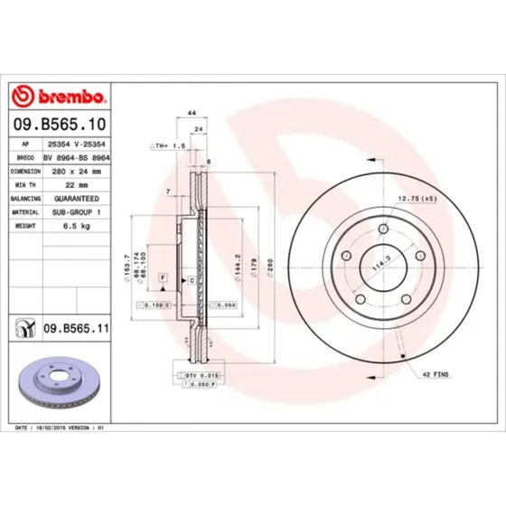 Brembo Bremseskive 09.B565.11, 24 mm tyk, foraksel, ventileret