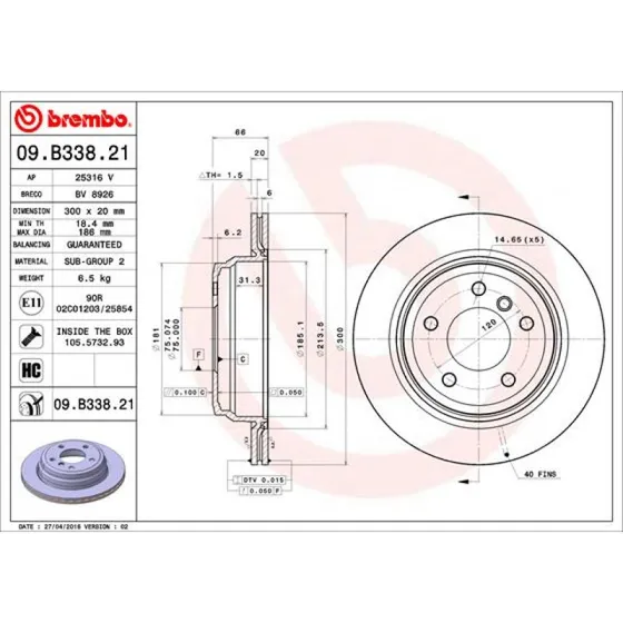 Brembo Bremseskive 09.B338.21, 300 mm, 20 mm, Prime, bagaksel