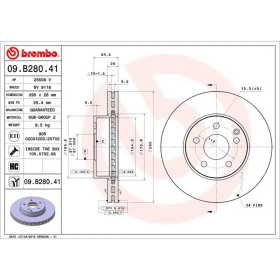 Brembo Bremseskive 09.B280.41 for Mercedes-Benz
