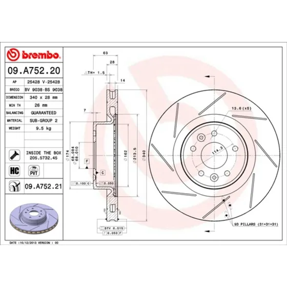 Brembo Bremseskive 09.A752.21 for Renault Megane III