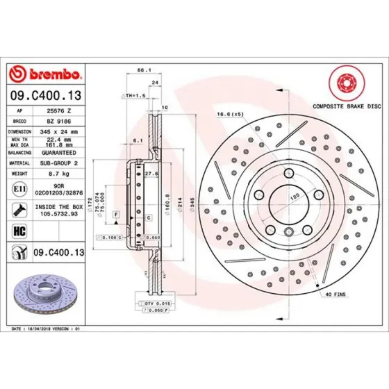 Brembo Bremseskive 09.C400.13, 345 mm, bagaksel, Prime
