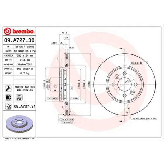 Brembo Bremseskive 09.A727.31 for Renault/Dacia