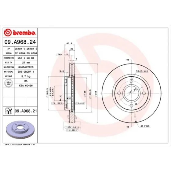 Brembo Bremseskive 09.A968.21, 23 mm tyk, for Ford Fiesta, Ka