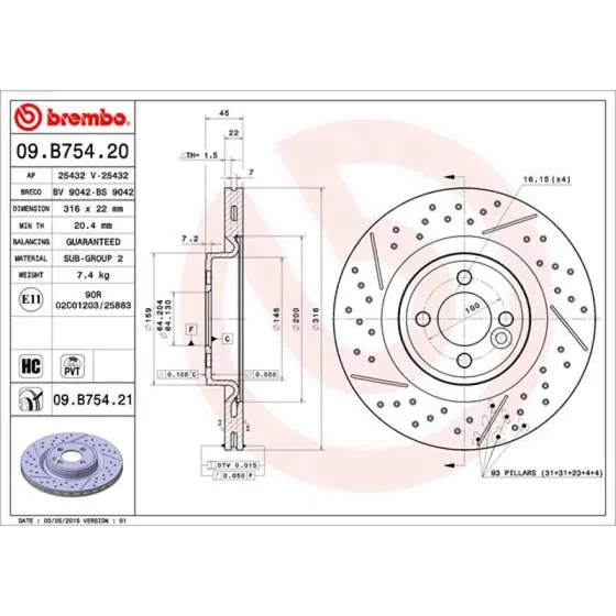 Brembo Bremseskive 09.B754.21, Prime, 22 mm, for MINI