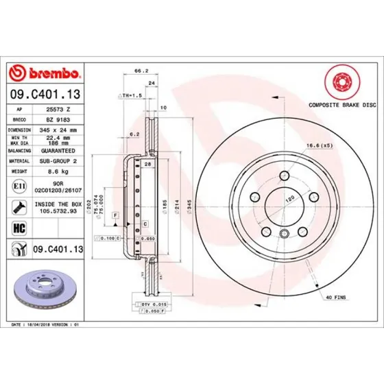 Brembo Bremseskive 09.C401.13, 34206797607, 34206894382, Bagaksel