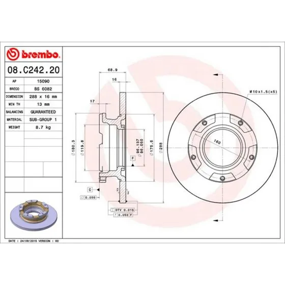 Brembo Bremseskive 08.C242.20, BK212A097BA, Bagaksel, 16 mm