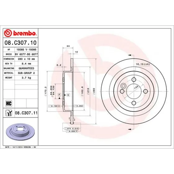 Brembo Bremseskive 08.C307.11 Prime, bagaksel, til MINI med sportpakke