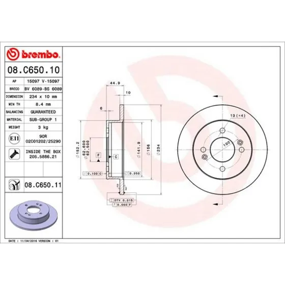 Brembo Bremseskive 08.C650.11 for Hyundai i10 II/III