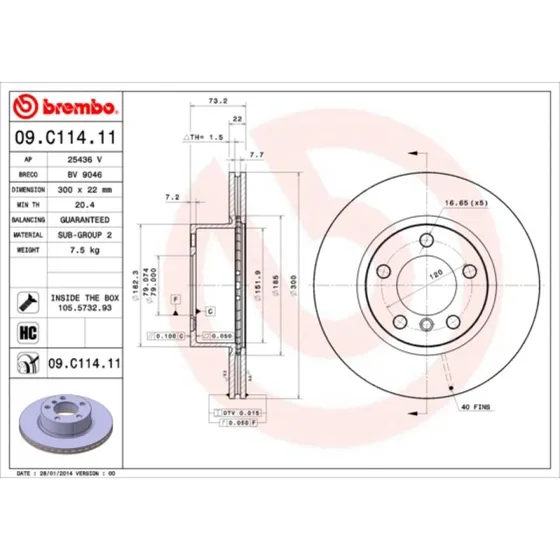 Brembo Bremseskive 09.C114.11, 300 mm, for BMW 1, 3, 4-serie