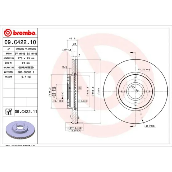 Brembo Bremseskive 09.C422.11 for Ford B-Max, Fiesta, Transit Courier