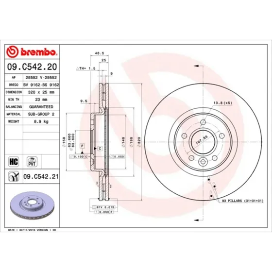 Brembo Bremseskive 09.C542.21 for Volvo C30, S40, V40, V50