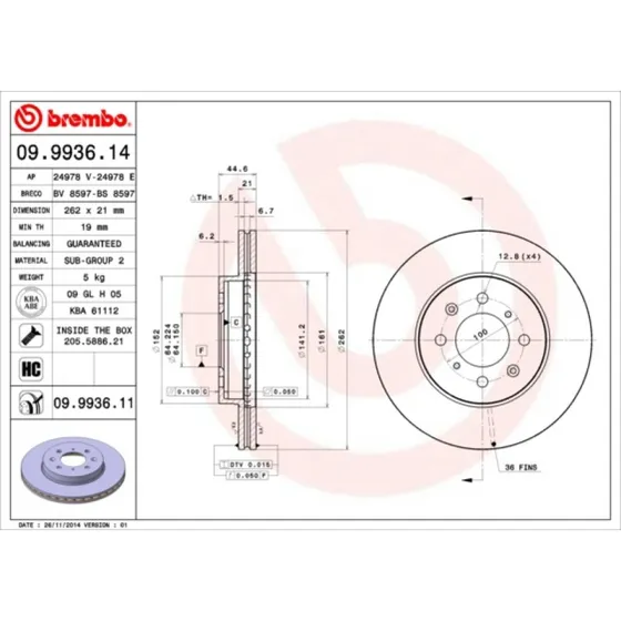 Brembo Bremseskive 09.9936.11 for Honda Civic & Jazz