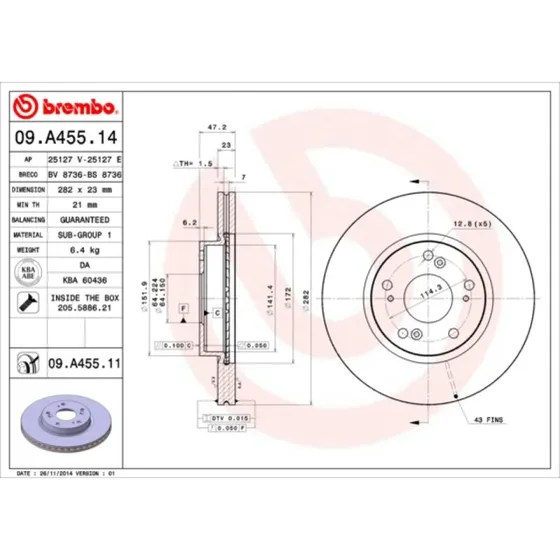 Brembo Bremseskive 09.A455.11 for Honda Civic, FR-V, Stream