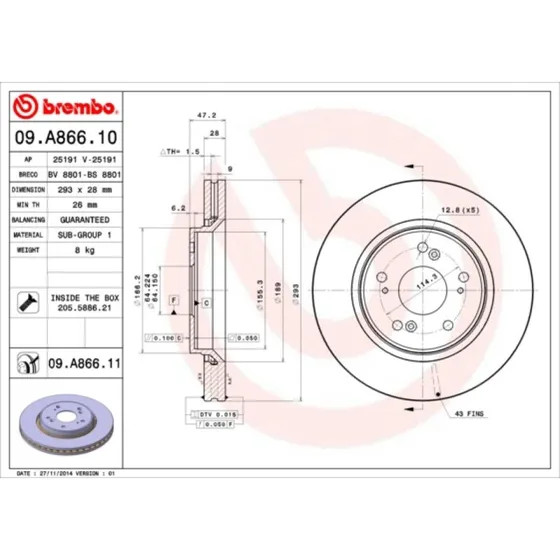 Brembo Bremseskive 09.A866.11 for Honda CR-V III/IV
