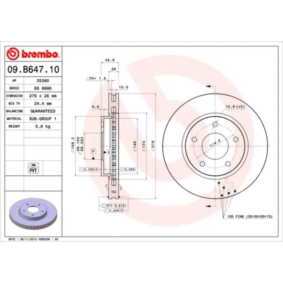 Brembo Bremseskive 09.B647.11 for Mitsubishi Lancer VII/VIII