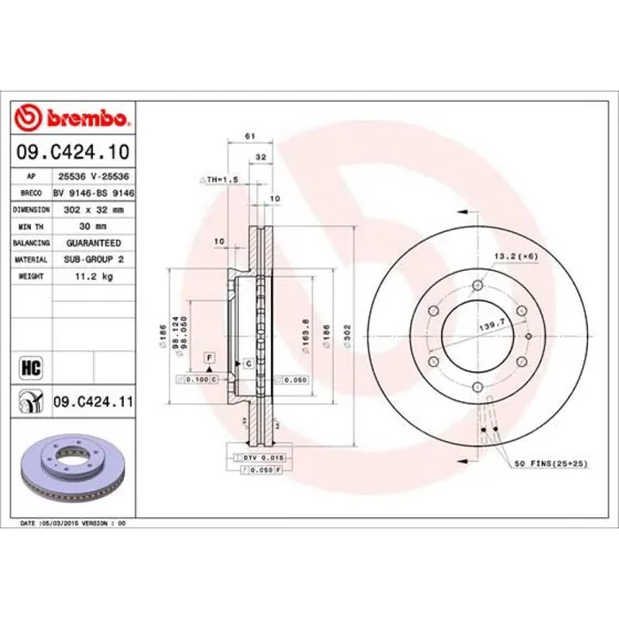 Brembo Bremseskive 09.C424.11 for Mercedes-Benz, Ford, Hyundai