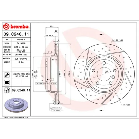 Brembo Bremseskive 09.C246.11, 324 mm, bagaksel, Prime