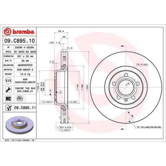 Brembo Bremseskive 09.C895.11 for Audi A6 C6/A8 D3