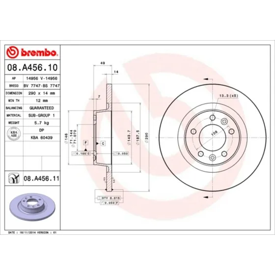 Brembo Bremseskive 08.A456.11, 290 mm, 14 mm, Prime