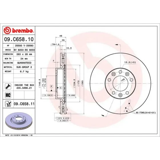 Brembo Bremseskive 09.C658.11 for Opel, Peugeot, Citroën