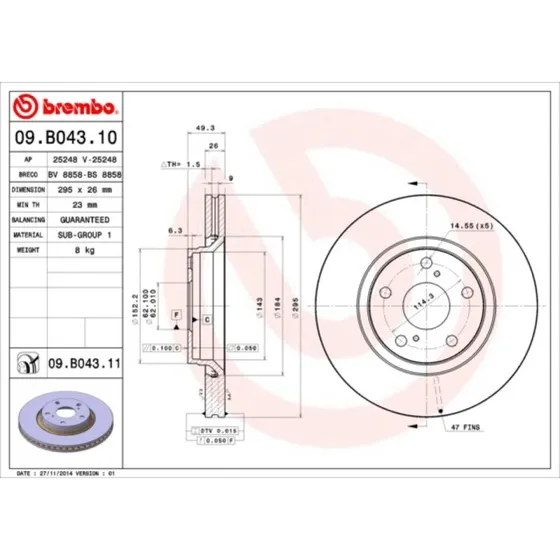 Brembo Bremseskive 09.B043.11 for Toyota (Prime)