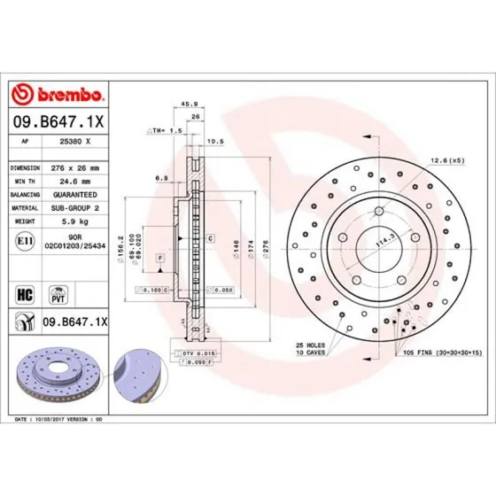 Brembo Bremseskive 09.B647.1X for Mitsubishi Lancer VII/VIII